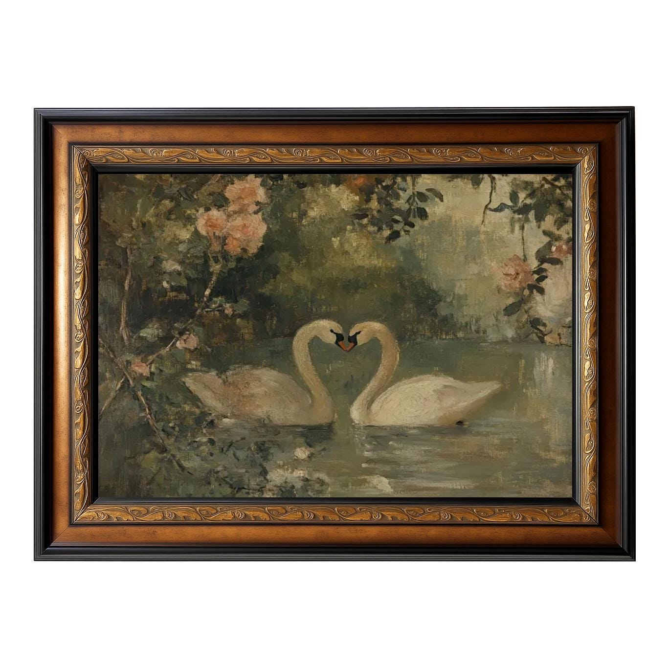 Vintage Swan Art Print Antique Swan Oil Painting Rustic Farmhouse ...