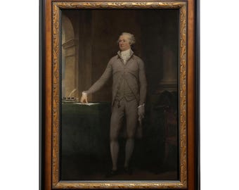 May include: A framed portrait of a man in a gray suit, white shirt, and ruffled cravat. The painting is set in a dark room with a green table and a window. The frame is black with gold accents.
