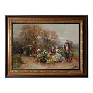 May include: An antique framed painting showing a romantic outdoor scene. Two women in elaborate gowns sit near a man holding a bird, with a carriage and figures in the background. The frame is dark with gold detailing.