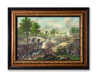 Battle of Antietam Framed Canvas Wall Art, Kurz & Allison American Civil War Lithograph Print, Large Vintage Historical Wall Decor