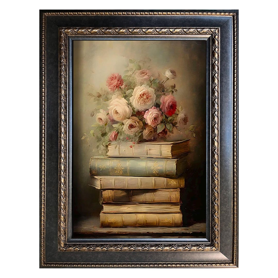 Stacking Still Life Spring Book Stack Still Life – Moody Dark Academia Art, Floral Bookish ...