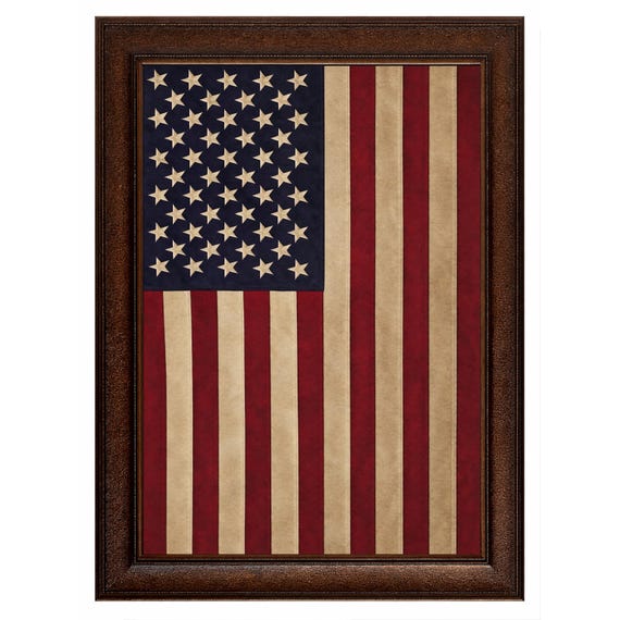 縦型アメリカ国旗ウォールアート、額装済み、刺繍風、本物のコットン風