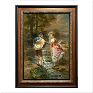 May include: An antique framed painting showing a romantic scene with a man and woman by a stream. The man wears a blue jacket and tan cape, the woman a pink and red dress. The frame is ornate with gold and brown tones.