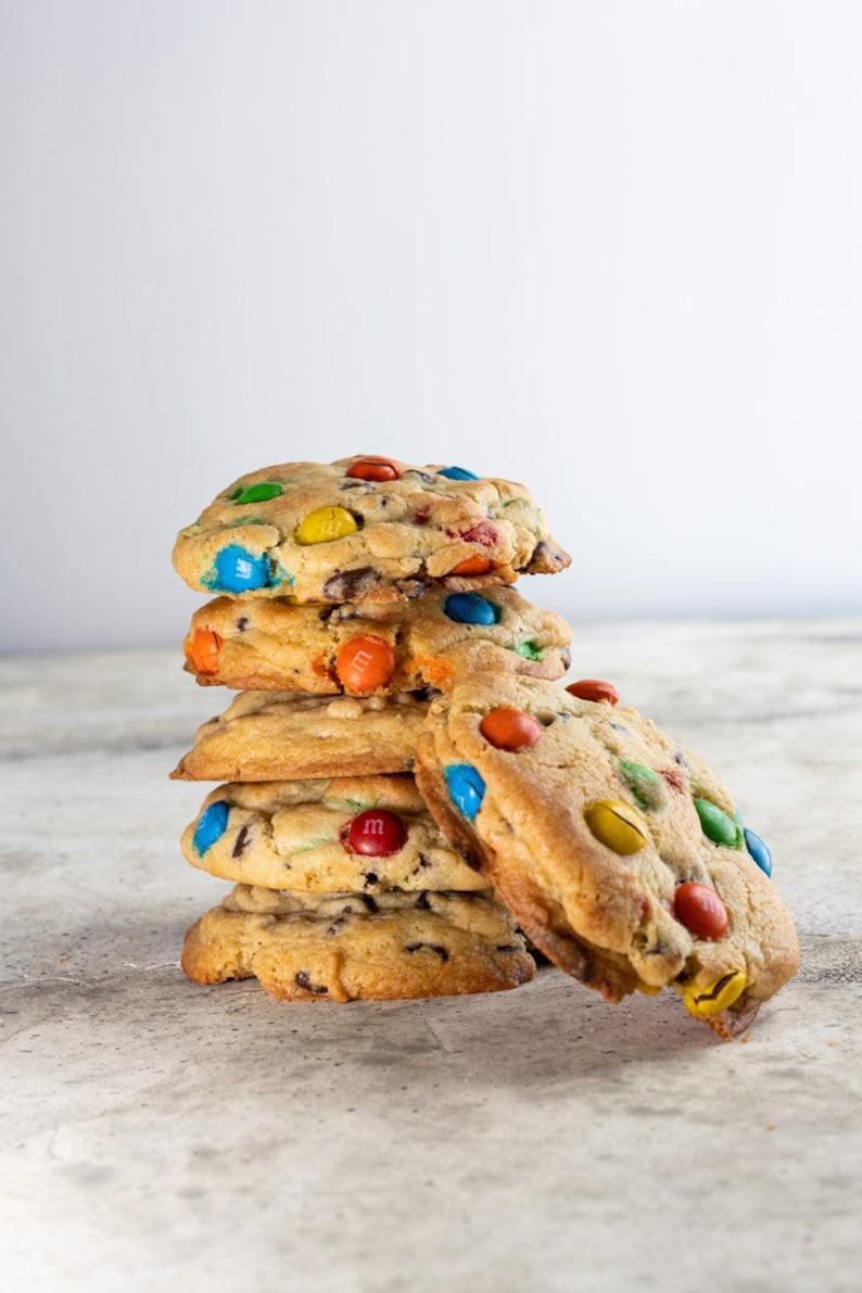 Our fun and flavorful M&M cookie is filled with Callebaut chocolate chips and milk chocolate M&M's.