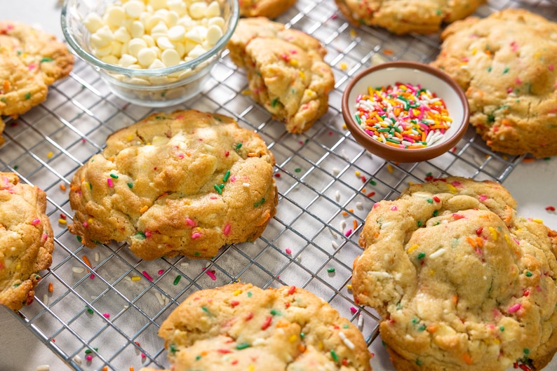 Confetti Cake Batter:  A yellow cupcake flavored cookie with white chocolate chips and rainbow sprinkles.