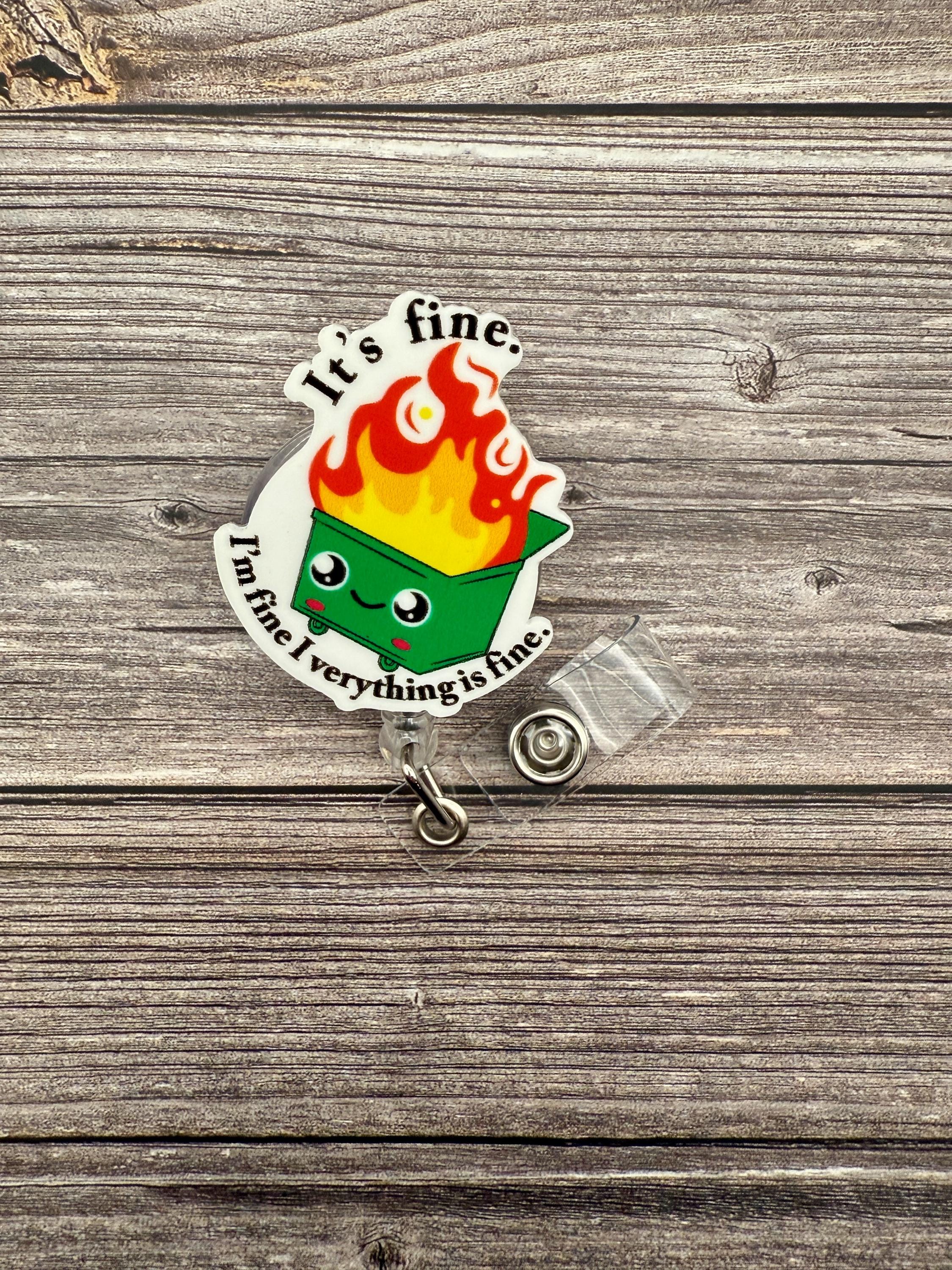 Funny Dumpster Fire Badge Reel: Alligator Swivel Clip - Thumbnail 2