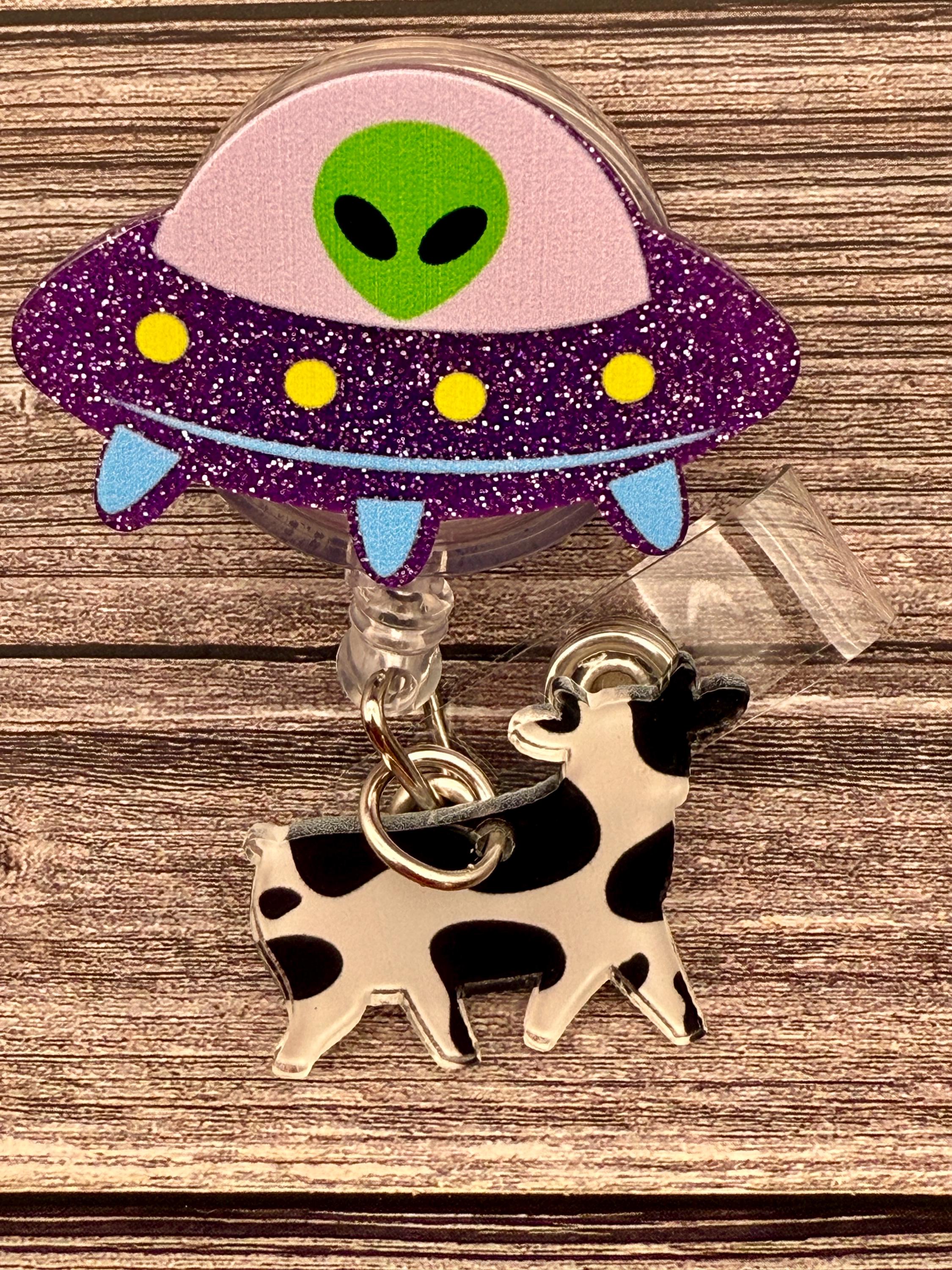 Alien Spaceship Cow Retractable Badge Reel: Alligator Swivel Style