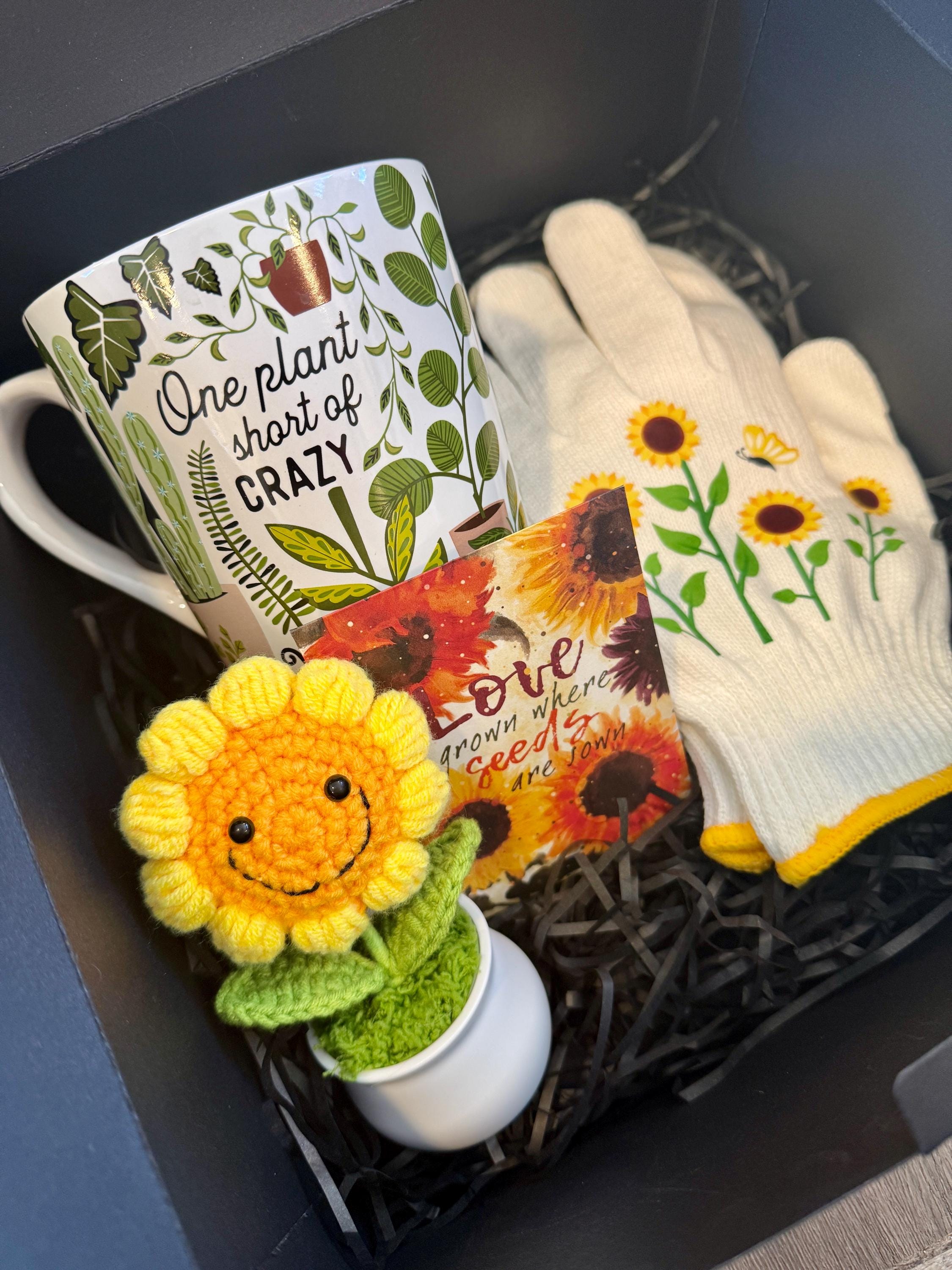 Plant Lover Gift Box: Sunflower Mug, Crochet Flower, Gardening Gloves