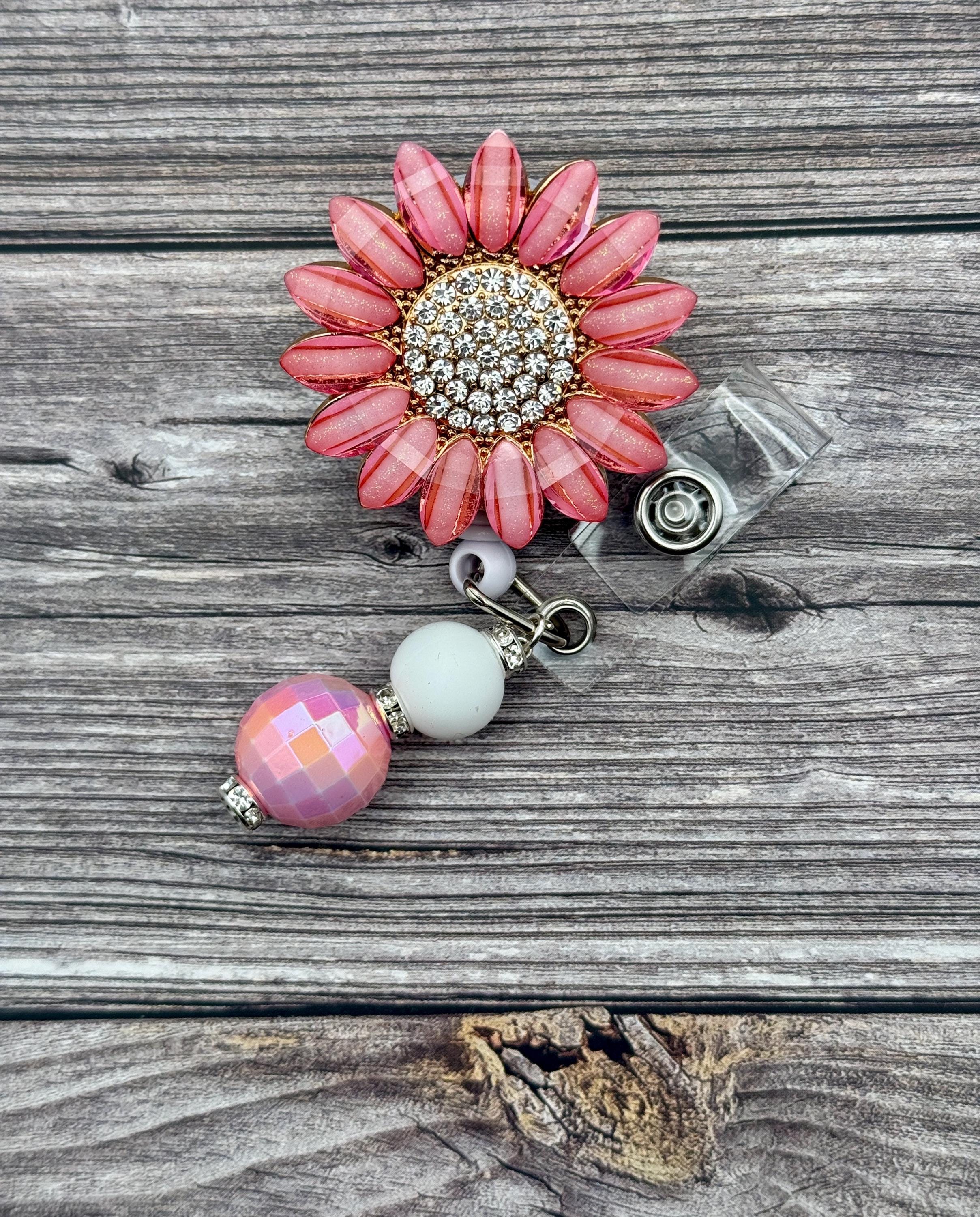 Pink Sunflower Badge Reel: Retractable Nurse ID Holder - Thumbnail 2