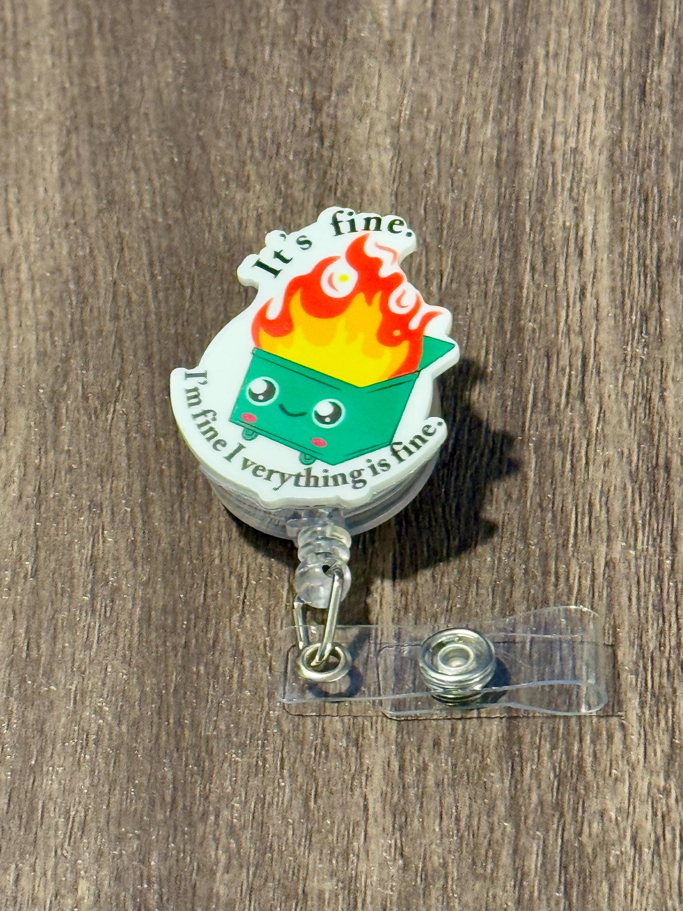 Funny Dumpster Fire Badge Reel: Alligator Swivel Clip - Thumbnail 3