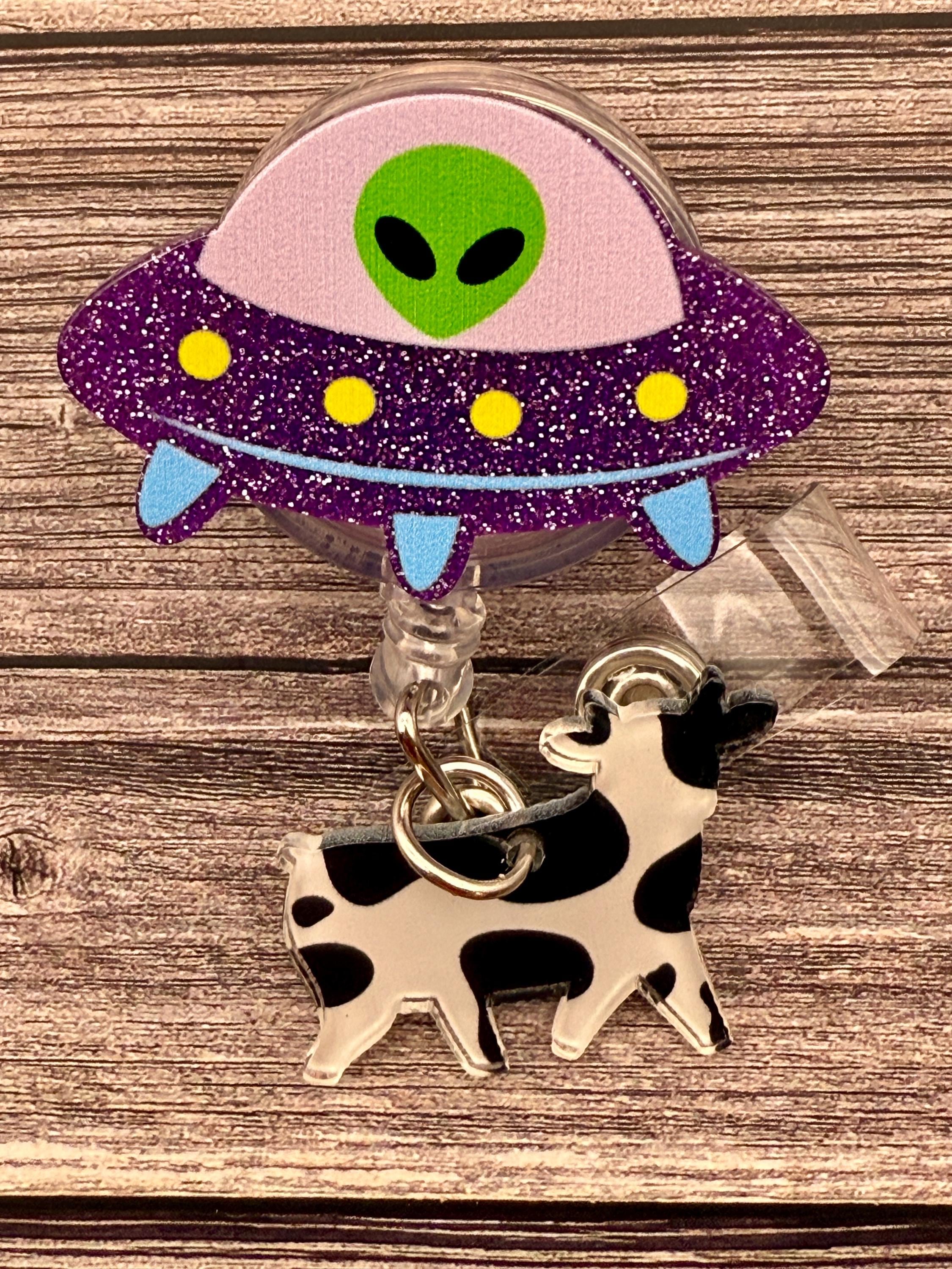 Alien Spaceship Cow Retractable Badge Reel: Alligator Swivel Style - Thumbnail 2