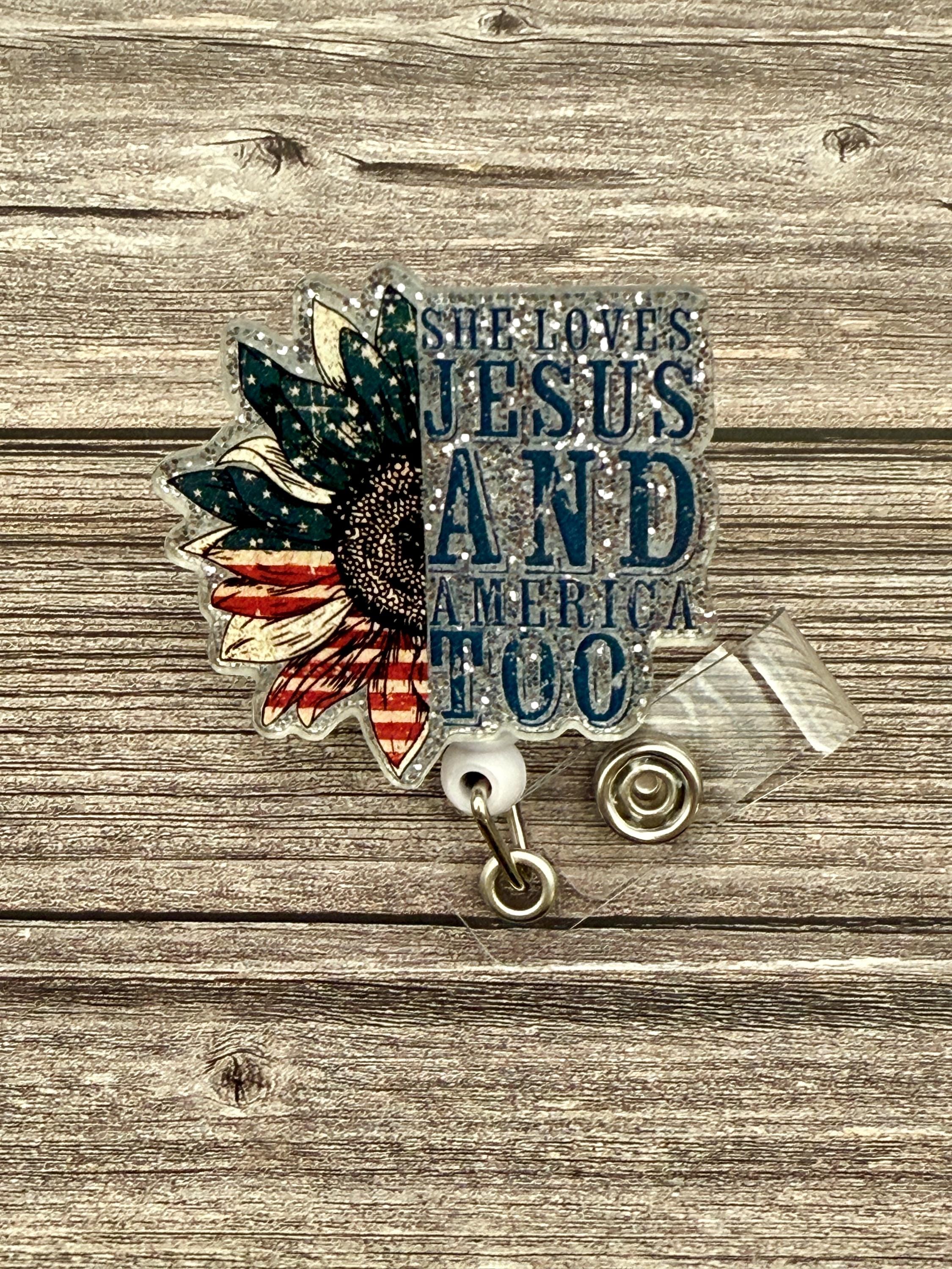 Patriotic Sunflower Badge Reel: Alligator Swivel Clip