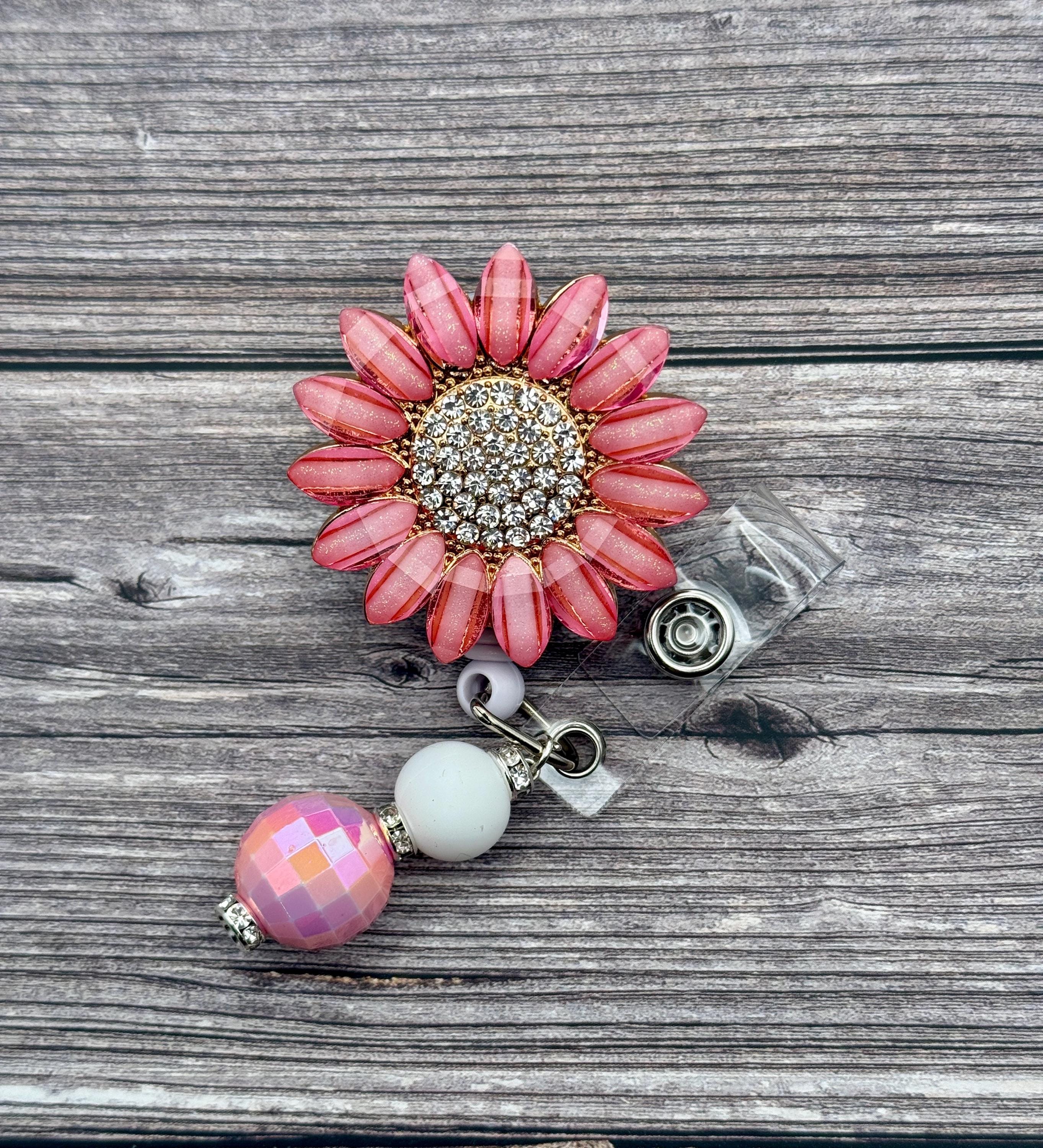 Pink Sunflower Badge Reel: Retractable Nurse ID Holder
