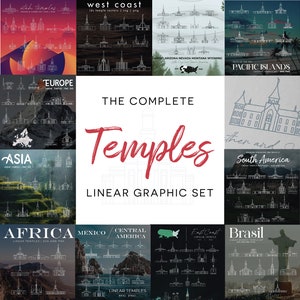 Pode incluir: Uma coleção gráfica digital intitulada The Complete Temples Linear Graphic Set, apresentando ilustrações de linhas brancas de vários edifícios religiosos organizadas por regiões geográficas, incluindo Utah, costa oeste, Europa, Ásia e América do Sul.
