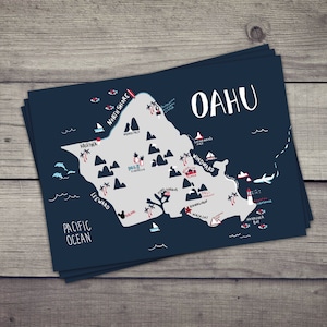 May include: A navy blue rectangular print featuring a light gray illustrated map of Oahu. The map includes white text labels for locations like North Shore, Honolulu, and Waikiki, along with small red and white icons of landmarks, palm trees, and sea life.