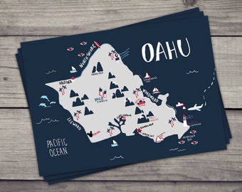 Oahu Hawaii Map - Illustrated Map Note Card, Postcard, Poster Printable - Instant Download