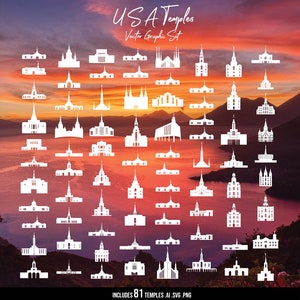 Pode incluir: Uma coleção digital de 81 silhuetas vetoriais brancas representando vários templos dos EUA, dispostas em uma grade. O texto "USA Temples Vector Graphic Set" aparece no topo e "INCLUDES 81 TEMPLES .AI .SVG .PNG" na parte inferior.