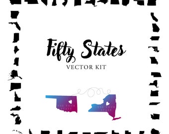 May include: A digital vector kit featuring black silhouettes of the fifty United States arranged in a border. The text reads SVG & AI FILES, Fifty States VECTOR KIT, and INCLUDES: 50 STATES & PRINTOUT DESIGNS. Two state shapes feature a gradient fill.