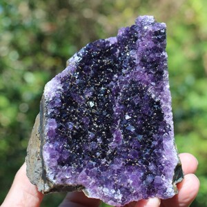 May include: A large amethyst geode with a purple and dark purple crystal formation. The geode is sitting on a hand.