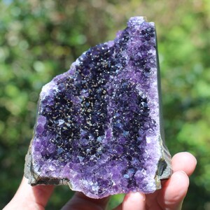May include: A large amethyst geode with a deep purple color and a natural, rough exterior. The geode is filled with small, sparkling crystals.