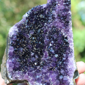 May include: A large amethyst geode with a purple and black crystal formation. The geode is cut in half, revealing the interior crystals.