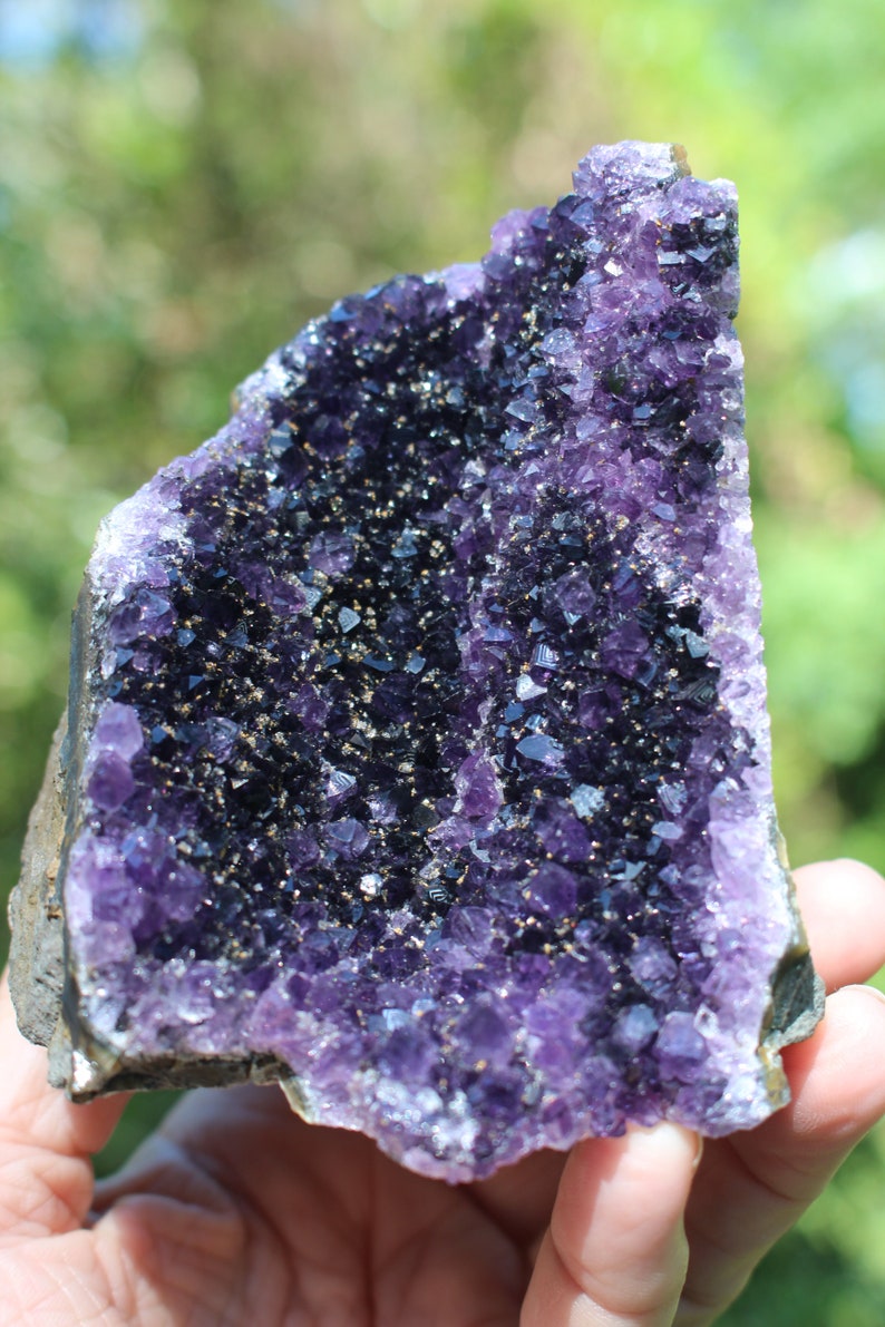 May include: A large amethyst geode with a purple and black crystal formation. The geode is cut in half, revealing the interior crystals.
