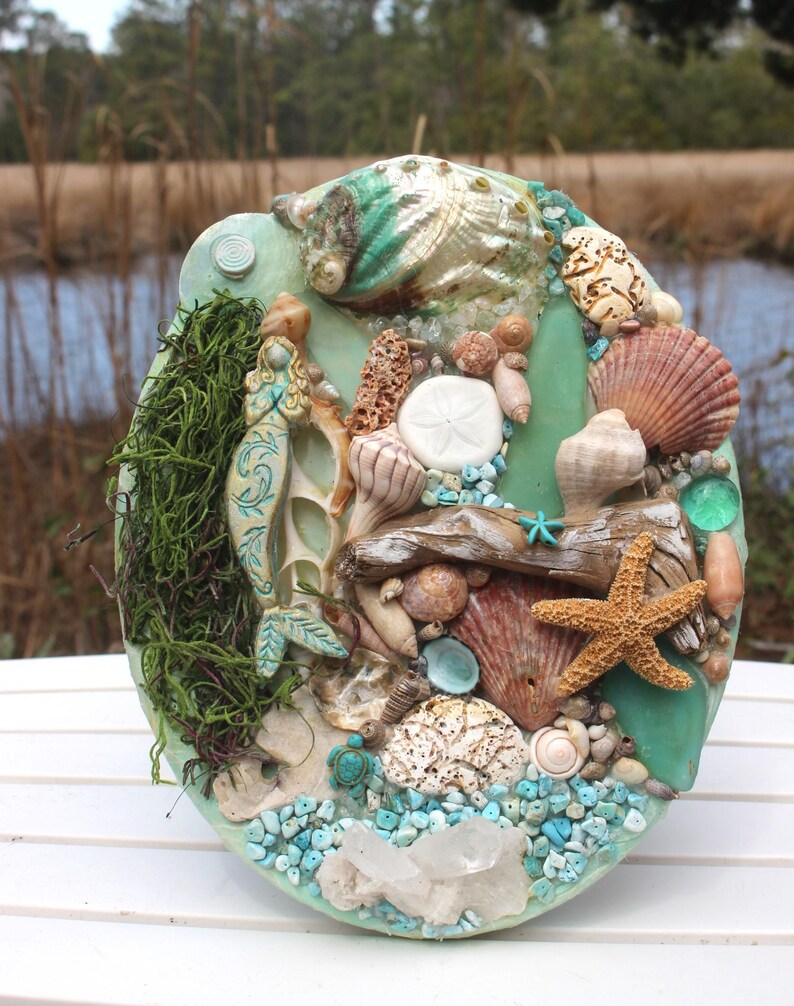 Mermaid Shell Collage Art: Handmade Ocean Canvas With Driftwood, Sea ...