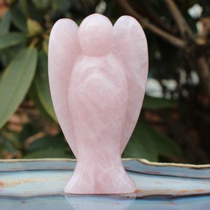 Large 3 inch Rose Quartz Guardian Angel, Carved Crystal Angel Figurine Stature, Protection Remembrance Love Comfort Stone. Keepsake Memento!