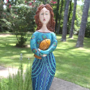 Hand Painted Mermaid Statue, Wood and Resin Vintage Folk Art, Blue & Turquoise