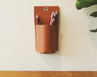 Leather Wall Storage | Hanging Caddy | Leather Wall Pocket | Office Organizer