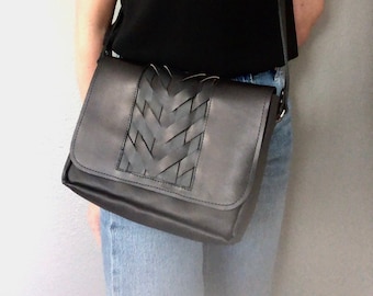 Black Leather Crossbody Purse, Handcrafted Leather Bag, Woven Leather Bag