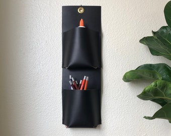 Leather Wall Pockets | Hanging Desk Organizer | Leather Wall Caddy | Pencil Holder