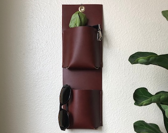 Leather Wall Organizer | Brown Leather Wall Pockets | Hanging Leather Caddy | Pencil Holder