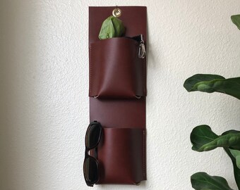 Brown Leather Wall Organizer | Hanging Entryway Caddy