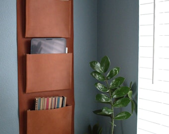 Leather Wall Organizer | Hanging Storage Pockets | Vertical Organizer for Scarves, Mail, or Shoes