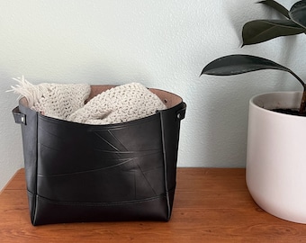 Handcrafted Black Leather Storage Bin: Geometric Design, Full-Grain Leather