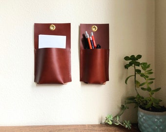 Wall Pocket Caddy, Leather Organizer, Hanging Pencil Holder | Dorm decor