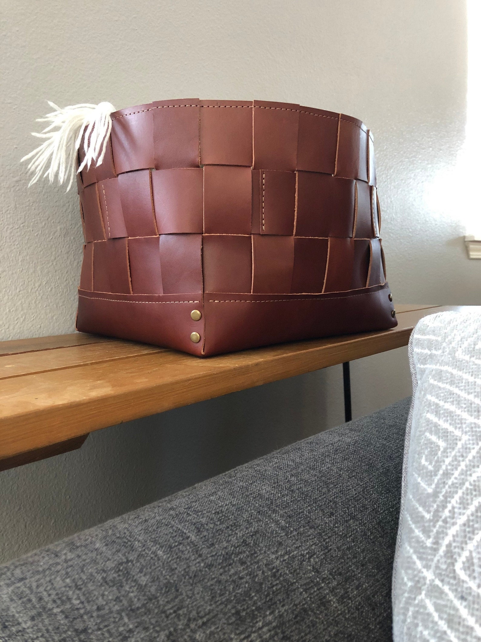 Leather Storage Bin Tan Leather Container Home Storage Etsy