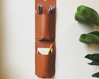 Leather Wall Organizer | Two Pocket Hanging Organizer| Leather Caddy