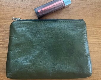 Vintage Coin Purse, Green Leather Bag, Leather Makeup Bag