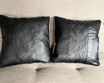 Hand Quilted Full Grain Leather Pillow: Black Leather Couch Accent
