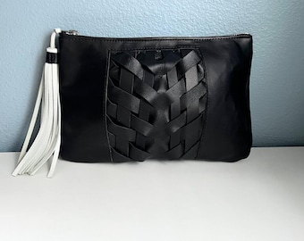 Woven Black Leather Clutch: Handmade Tasseled Bag, Upcycled Moto Leather
