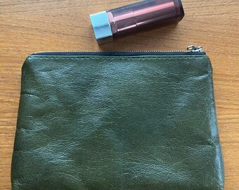 Vintage Coin Purse, Green Leather Bag, Leather Makeup Bag