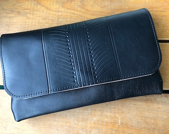Hand Tooled Full Grain Leather Clutch: Black Evening Bag