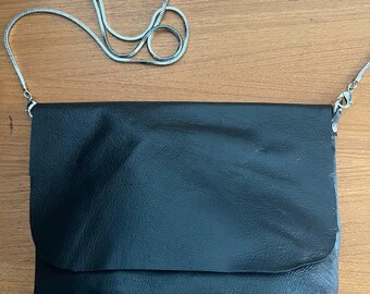 Soft Leather Crossbody, Black Leather Purse with Snake Chain, Full Grain Leather Bag