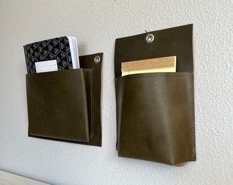 Green Leather Desk Organizer | Leather Wall Pockets | Hanging Storage Pocket | Home Gift