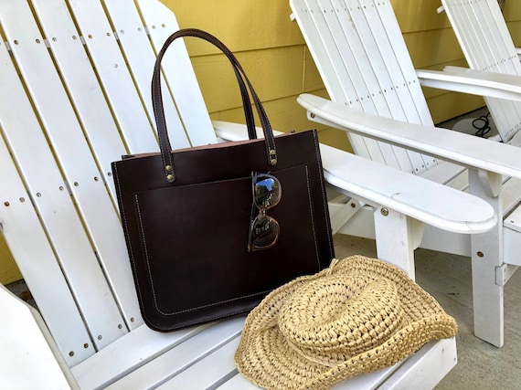 Large Leather Tote Structured Leather Tote Bag Work Bag Chocolate Brown Tote With Pocket Etsy