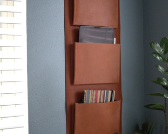 Leather Wall Organizer | Hanging Storage Pockets | Vertical Organizer for Scarves, Mail, or Shoes
