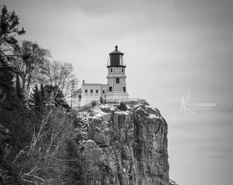 Lighthouse / Minnesota / Photograph / Photo / Wall Art / Home Decor / Split Rock Lighthouse / Lake Superior / Black and White / Print / Ice