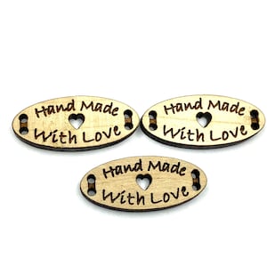 Hand Made With Love buttons.  Wooden.  6 pack.